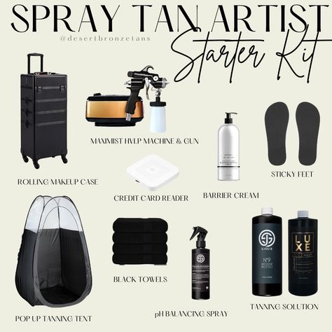 spray tan starter kit professional products airbrush tan tanning salon studio estheticians beauty business Pop Up Spray Tan Booth, Spray Tanning Price List, Spray Tan Pricing, At Home Spray Tan Business, Norvell Spray Tan Tips, Home Spray Tan Room, Spray Tan Artist Outfit, How To Start A Spray Tanning Business, Spray Tan Boutique