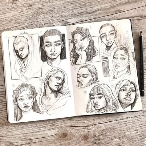 Did this spread yesterday ✨ would you guys be interested in seeing videos where i just fill in some sketchbook pages? Like a sketch with me… 100 Heads Challenge, Head Challenge, 100 Heads, Sketches Of People, Sketchbook Pages, Arte Sketchbook, Sketchbook Inspiration, Drawing Techniques, Art Sketchbook