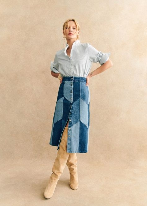 Ropa Upcycling, Patchwork Denim Skirt, Jeans Patchwork, Moda Denim, Diy Jeans, Denim Projects, Nyfw Street Style, Diy Skirt, Denim Ideas