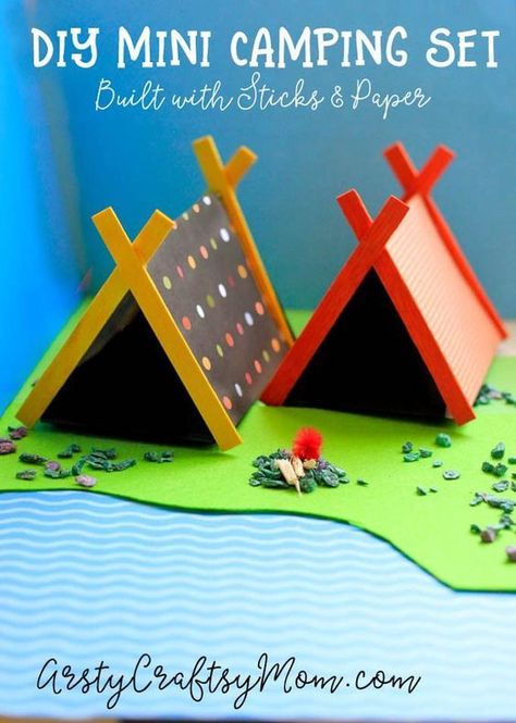 DIY Mini Camping Set Craft with Sticks and Paper:Make camping gear for your small toys & take them on a trip! popsicle & paper tents, stick fireplace & more Craft With Sticks, Tent Craft, Diy With Kids, Camping Crafts For Kids, Popsicle Crafts, Camping Set, Small Toys, Popsicle Stick Crafts, Camping Theme