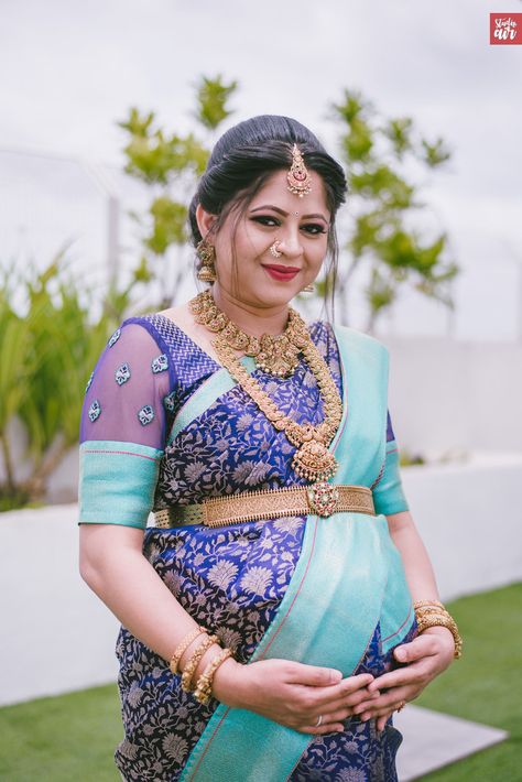 Pattu Sarees For Seemantham, Blouse Design For Seemantham, Seemantha Hairstyle, Hairstyles For Seemantham, Hairstyle For Seemantham, Valaikappu Hairstyles, Hairstyle For Baby Shower Function, Blouse Designs For Baby Shower Function, Seemantham Hairstyle