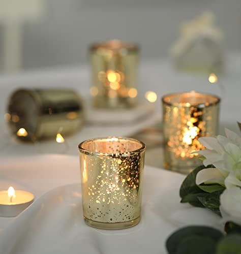 Gold Tea Lights Wedding, Gold Mercury Votives, Mercury Votives Wedding Centerpieces, Mercury Glass Votives Wedding, Small Votive Candles Wedding, Gold Tea Lights, Gold Tealight Holders, Votive Candles Wedding Centerpiece, Gold Votives Wedding Centerpieces