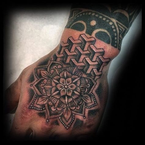 Masculine Geometric Floral Shapes Hand Tattoos For Men Tattoo For Men Back, Tattoo Designs Male, Mandala Tattoo Hand, Hand Tattoo For Men, Boys Hand Tattoo, Mandala Hand Tattoo, Geometric Tattoo Hand, Hand Tattoos For Men, Tiger Hand Tattoo