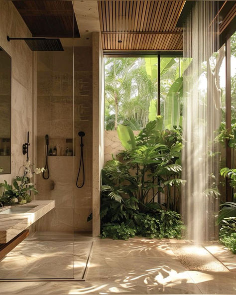 interior design bathroom aesthetic credit: made with AI by Yanick Jimenez Bali Style Home Balinese Bathroom, Balinese Style Bathroom, Modern Bathroom With Plants, Natural Bathroom Aesthetic, Bali Decor Interior Design, Bathroom Design Aesthetic, Modern Balinese Interior, Bathroom Plants Ideas, Baños Aesthetic