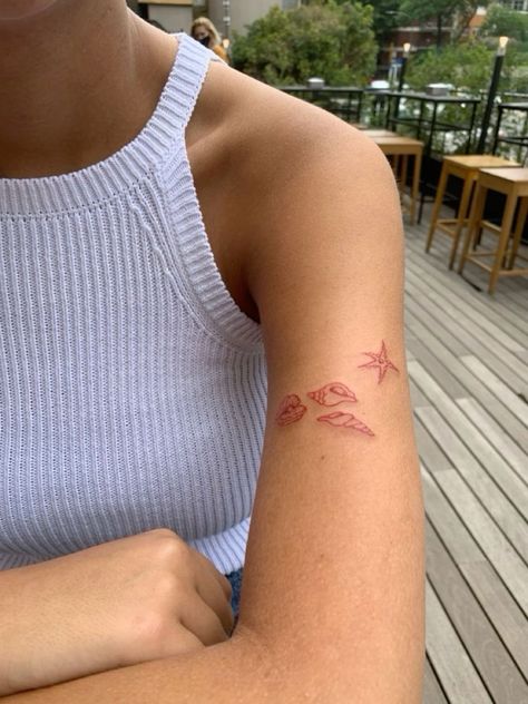 Trendy Fine Line Tattoos, Dainty Bicep Tattoo, Starfish Ankle Tattoo, East Coast Tattoo Ideas, Bahamas Tattoo Ideas, Dainty Ocean Tattoos, Bermuda Tattoo, Red Small Tattoos, Small Red Ink Tattoo Ideas