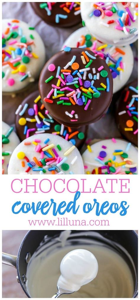 Chocolate Covered Oreos are super easy to make and delicious. Use any flavor of Oreos, and whatever chocolate coating you please! #oreos #chocolate #whitechocolate #dessert #treats Grad Desserts, Coated Oreos, Decorated Oreos, Oreo Crunch, Chocolate Covered Desserts, Oreo Treats, Truffle Recipes, Blue Decorations, Chocolate Dipped Oreos