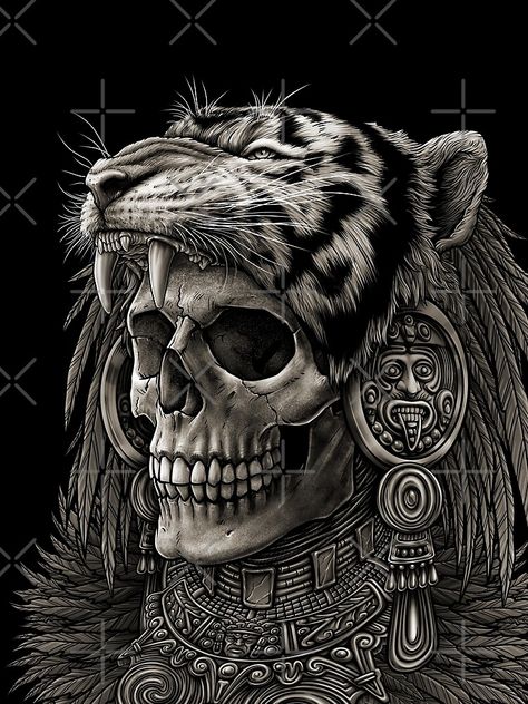 "Aztec skull Warrior Tiger Headdress" T-shirt for Sale by Winya | Redbubble | aztec graphic t-shirts - skull graphic t-shirts - warrior graphic t-shirts Jaguar Warrior Tattoo, Jaguar Headdress, Aztec Art Tattoo, Tiger Headdress, Aztec Skull Warrior, Aztec Drawings, Warrior Tiger, Aztec Headdress, Headdress Art