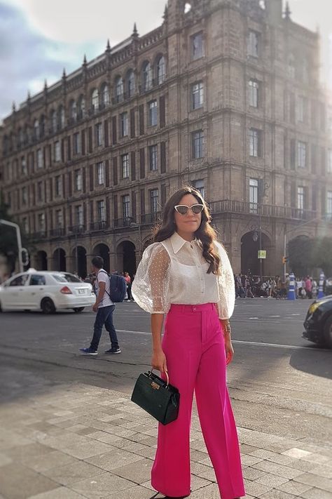 Magenta Trousers Outfit Ideas, Pink Pants Spring Outfits, Magenta Wide Leg Pants Outfit, Hot Pink Pants Work Outfit, White Top And Pink Pants, Fusia Blouse Outfit, Hot Pink Trousers Outfit Classy, Trousers Outfit Wedding Guest, Hot Pink Business Casual