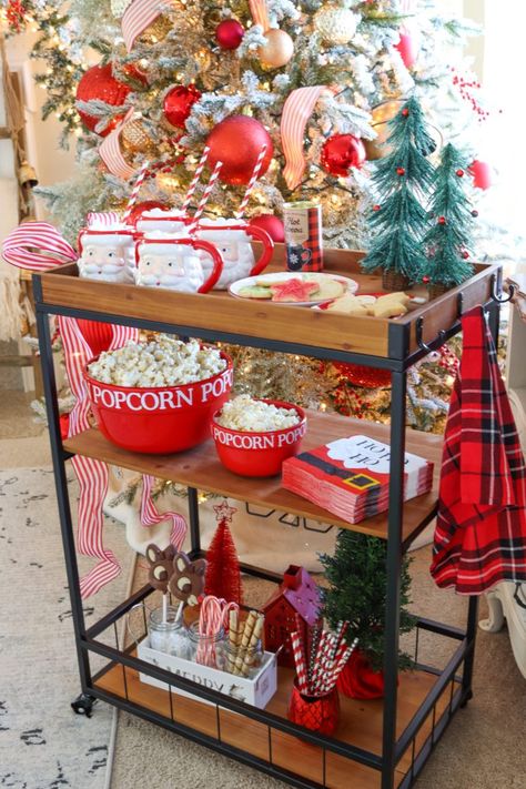 Christmas Movie Night Bar Cart - BentleyBlonde Hot Coco Cart, Christmas Movie Night Aesthetic, Hot Cocoa Bar Cart, Movie Night Bar, Family Christmas Movie Night, Holiday Candy Bar, Christmas Theme Party, Christmas Competition, Christmas Bar Cart