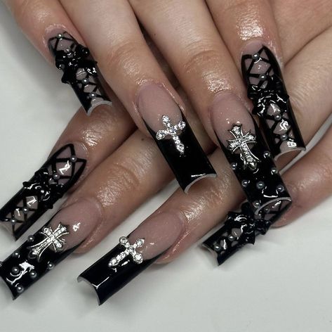 French Black Nails, Black Nails French, Baddie Nails Long, Nail Inspo Y2k, Astrology Nails, Long Nails Coffin, Saturn Rings, Long Square Nails, Wow Nails