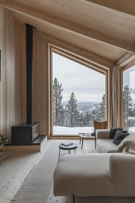 Modern winter Nordic cabin with panoramic views. Check out all of these perfect winter mansions, complete with cozy fireplaces, snowy landscapes, and luxurious interiors. Modern Cabin Interior Design, Mountain House Interior, Modern Mountain Cabin, Modern Cabin Interior, Villa Ideas, Cabin Interior Design, Zen Interiors, House Pics, Nordic House