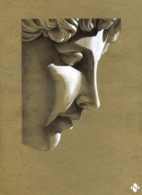 Drawings On Toned Tan Paper, Tan Sketchbook Art, Toned Tan Paper Art Sketches, Tan Toned Paper Drawing, Weeping Angel Drawing, Classical Art Drawing, Angel Face Drawing, Sculpture Art Drawing, Toned Tan Paper Drawing