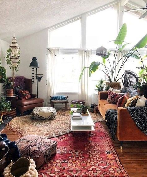 Stacked Rugs, Cozy Eclectic Living Room, Bedroom Couple, Bohemian Sofa, Bohemian Living Room Decor, Color Palette Living Room, Rugs Living Room, Living Room Color Schemes, Eclectic Living Room