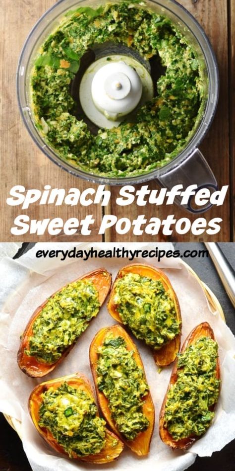 Potatoes With Spinach, Side Salads, Stuffed Sweet Potatoes, Sweet Potato Spinach, Spinach Feta, Stuffed Sweet Potato Healthy, Tasty Vegetarian Recipes, Healthy Side, Spinach Recipes