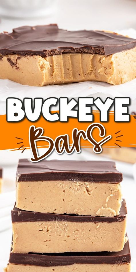 Buckeye Bars is a simple no-bake peanut butter and chocolate dessert recipe based on the classic Ohio state candy ball but made easier in bar form. This naturally gluten-free sweet treat can be prepared in 15 minutes using only 6 ingredients. Pie, Quick Easy Desserts 3 Ingredients, Desserts For 2, Desserts 3 Ingredients, Buckeye Bites, Buckeye Bars Recipe, Buckeye Bars, Buckeye Balls, Dessert Bar Recipe