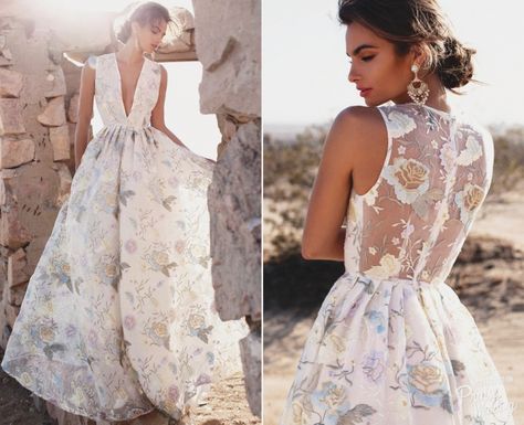 A stylish floral printed gown from Lurelly Wedding Dresses With Pop Of Color, Late Summer Wedding Dress, Convalidation Ceremony Dress, Wild Flower Wedding Dress, Flowered Wedding Dress, Coloured Wedding Dress Alternative, Wedding Dress With Color Accents, Nontraditional Wedding Dress Color, Wedding Vow Renewal Dress