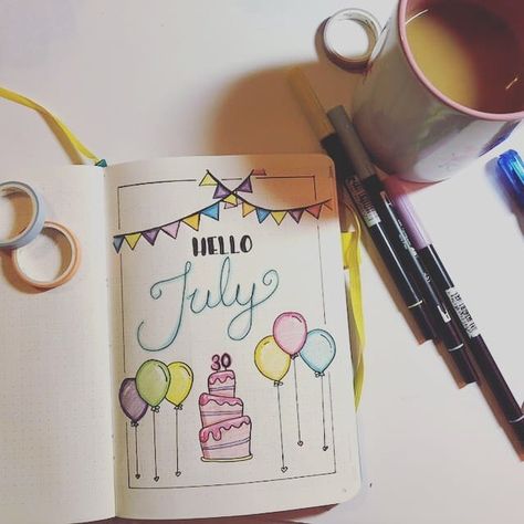 Of course your July cover page doesn't have to be summer related, if it's your birthday next month go all out cake and balloons instead! Birthday Month Bujo Theme, My Birthday Journal Ideas, Birthday Bujo Theme, Birthday Month Journal Ideas, Birthday Month Bullet Journal, Birthday Journal Ideas, Bullet Journal Birthday Page, Month Drawings, Birthday Bullet Journal