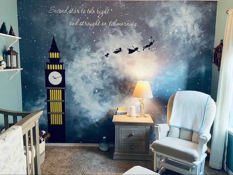 Neverland themed baby boy nursery Disney Princess Baby Room, Disney Nursery Ideas Girl, Peter Pan Nursery Girl, Disney Boy Nursery, Peter Pan Nursery Ideas, Disney Nursery Themes, Disney Baby Nursery, Disney Nursery Ideas, Themed Baby Nursery