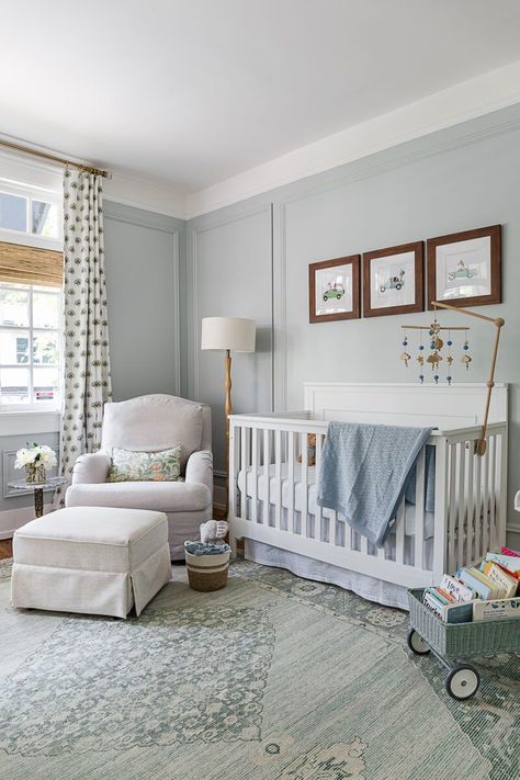 Farrow & Ball skylight blue Wainscotting In Nursery, Dark Trim Nursery, Nursery Layout With Two Windows, Light Green And White Nursery, Nursery With Painted Trim, Crib Skirt Boy Nursery, Nursery Floor Lamps, Baby Boy Room Wallpaper, Gender Neutral Grandmillenial Nursery