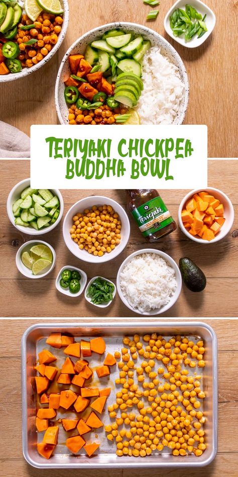 Teriyaki Chickpea Buddha Bowl | Nutritious, delicious, and truly easy — Buddha bowls like this one make an excellent meal prep recipe and are also a tasty choice for packed lunches. For a healthy vegetarian meal, just combine a few simple ingredients and add your favourite flavour of Kikkoman® Teriyaki Takumi to some oven-baked tofu. These bowls are full of budget-friendly protein from chickpeas and tofu, and are a great way to use up leftover vegetables! #Kikkoman Chickpea Buddha Bowl, Leftover Vegetables, Packed Lunches, Buddha Bowls, Chickpea Recipes, Vegetarian Meal, Healthy Meals To Cook, Healthy Clean Eating, Buddha Bowl