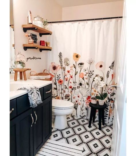 Floral Bathroom Ideas, Bathroom Inspiration Colors, Floral Bathroom Decor, Threshold Target, Apartment Vibes, Floral Bathroom, Floral Shower Curtain, Pretty Bathrooms, Small Bathroom Ideas On A Budget