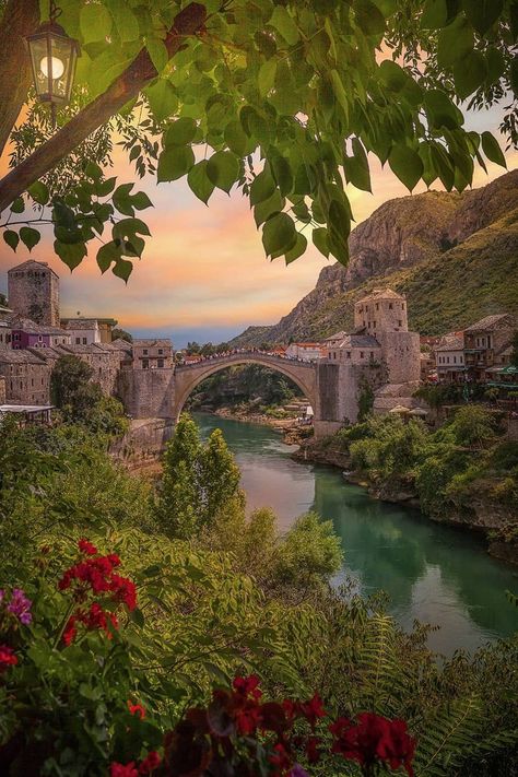 “Sunset vibe in Mostar”, Bosnia and Herzegovina by | Krénn Imre Mostar Bosnia, Balkans Travel, Europa Park, Old Bridge, Destination Voyage, Macedonia, Places Around The World, Albania, Slovenia