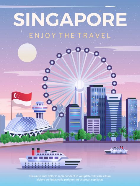 Singapore travel poster | Free Vector #Freepik #freevector #poster #travel #texture #city Singapore National Day, Travel Symbols, Singapore Architecture, Singapore Flag, Singapore City, Travel Poster Design, Travel Icon, Poster Travel, Singapore Travel