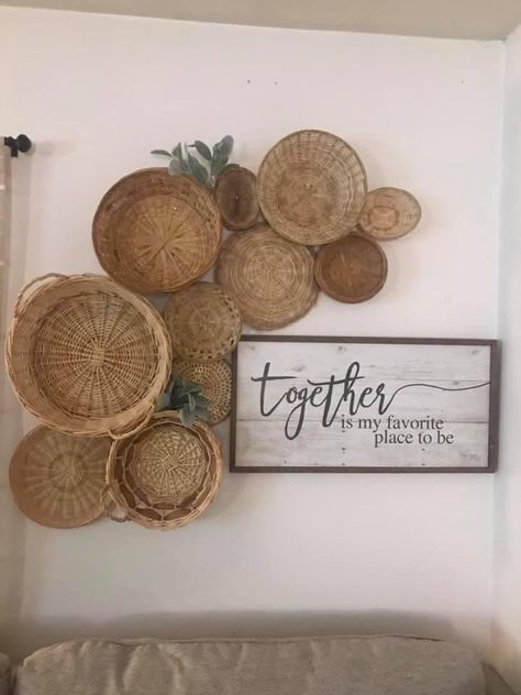 Boho Basket Wall Around Tv, Wicker Basket Wall Art With Plants, Assorted Mirrors On Wall, Boho Wall Ideas Bedrooms, Woven Baskets On Wall Dining Room, Basket Wall With Sign, Basket Wall With Greenery, Wall Baskets Around Picture, Boho Wicker Wall Decor