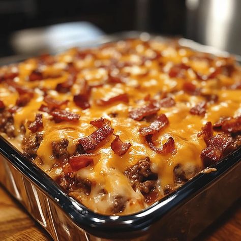 BQ Bacon Cheeseburger Casserole 🍔🥓 Introduction The BQ Bacon Cheeseburger Casserole is a fun twist on the classic cheeseburger, packed with all your favorite flavors like crispy bacon, juicy beef, and cheesy goodness. Perfect for a quick and easy dinner, this casserole will be a hit with both kids and adults alike. Why Make This Bbq Bacon Cheeseburger, Mac And Cheese Burger, Cheeseburger Tater Tot Casserole, Bacon Dinner, Bacon Cheeseburger Casserole, Easy Casserole Dishes, Bacon Casserole, Mexican Casserole Recipe, Tater Tot Casserole Recipes