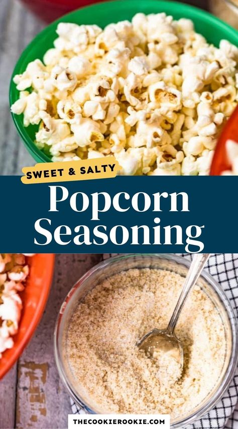 This popcorn seasoning is super simple to make and is an easy way to turn your popcorn into something special! It's the perfect balance of sweet and salty, and made with just 3 ingredients! #snack #popcornseasoning #sweetandsalty #kettlecorn #movienight #gamedaysnack Kettle Corn Seasoning Recipe, Diy Popcorn Seasoning, Homemade Popcorn Seasoning, Popcorn Seasoning Recipes, Homemade Kettle Corn, Kettle Corn Recipe, Kettle Corn Popcorn, Popcorn Recipes Easy, Kettle Popcorn