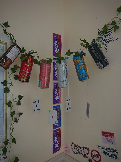 Monster Cans Hanging From Ceiling, Monster Can Light Holes, Energy Drink Can Crafts, Hanging Monster Cans, Monster Can Diy Room Decor, Monster Energy Can Ideas, Monster Can Decor, Can Recycle Ideas, Monster Cans Room Decor