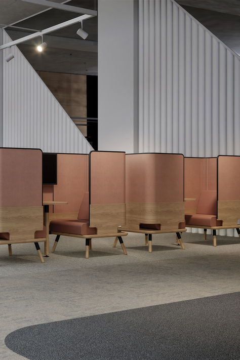 Pink PET surround Drift booths in an open office space. Modern Booth Seating, Booth Seating Design, Island Furniture, Seating Design, Booth Seating, Inclusive Design, Cad Blocks, Office Seating, High Back Chairs