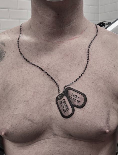 Soldier tag Dog Tag Tattoo For Men, Dog Tag Tattoo, Dog Tags Tattoo, Tag Tattoo, Chain Tattoo, Badass Tattoos, Kids Names, Dog Tag, I Tattoo