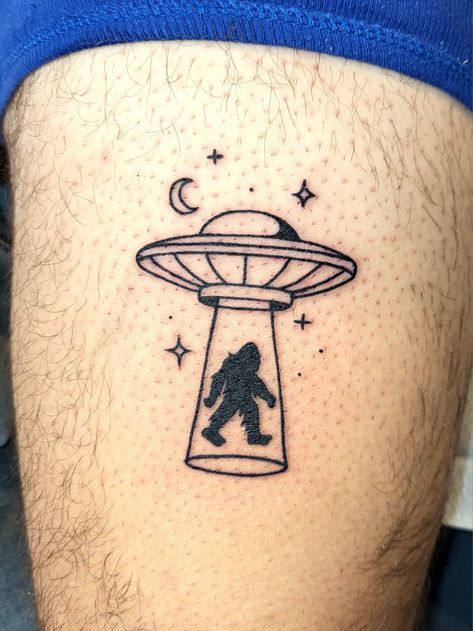 Alien And Bigfoot Tattoo, Small Cryptid Tattoo, Bigfoot Outline Tattoo, Bigfoot Alien Tattoo, Matching Cryptid Tattoos, Cute Bigfoot Tattoo, Cute Cryptid Tattoo, Small Bigfoot Tattoo, Cowboy Alien Tattoo