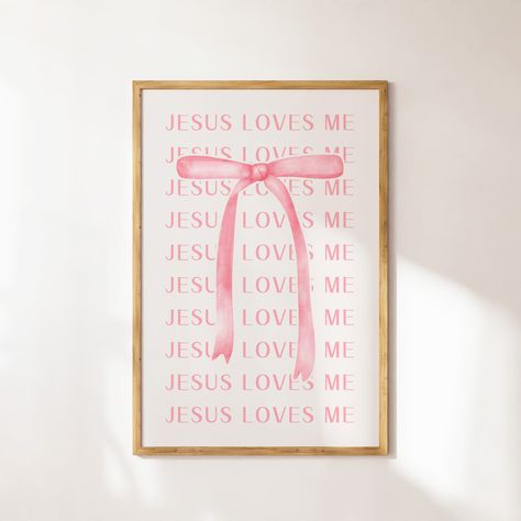 Adorn your living space with the sweet affirmation found in our 'Jesus Loves Me' wall art, perfectly styled for coquette room decor and preppy pink bedrooms. This Christian wall art features an elegant bow design, making it a charming addition to any dorm room or trendy apartment. The soft pink hues and graceful typography combine to create a heartwarming reminder of love that seamlessly enhances any youthful and fashionable decor. WHAT YOU GET: FORMATS: JPG 300 DPI HIGH QUALITY in the following sizes: 4" x 6" 5" x 7" 8" x 10" 11" x 14" 11" x 17" 16" x 20" 18" x 24" 24" x 36"  HOW TO DOWNLOAD + PRINT  When you purchase a Digital Download product from Olkening Press on Etsy, you will receive a PDF download containing a link to download all files included in the purchase. Once you download t Preppy Pink Bedroom, Dorm Room Poster, Room Decor Preppy, Dorm Room Posters, Coquette Room Decor, Preppy Bedroom, Trendy Bows, Trendy Apartment, Coquette Room