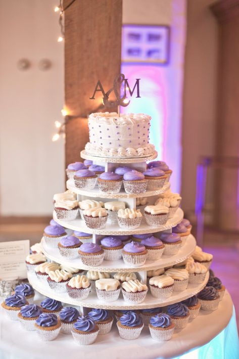 Wedding Cake And Cupcake Display, Cake And Cupcake Display, Purple Wedding Cupcakes, Wedding Cupcake Display, Lavender Wedding Cake, Cupcake Tower Wedding, Purple Wedding Cake, Cupcake Stand Wedding, Lavender Cake