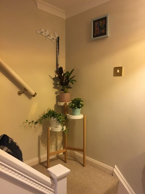 IKEA Satsumas Plant Stand Stairway Hanging Plants Stairs, Stairway Plants Indoor, 2023 Staircase, Ikea Satsumas, Satsumas Plant Stand, Ikea Plant Stand, Upstairs Balcony, Ikea Plants, Stairs Landing