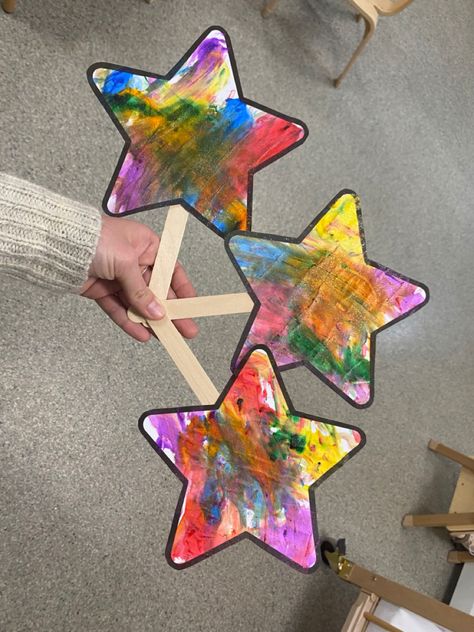 Finger paint with glitter paint, cut out and add popsicle stick to make a wand Star Art Activities For Preschool, S Is For Star Craft Preschool, Wand Craft Preschool, Star Wand Craft, Star Crafts Preschool, Star Preschool Crafts, Preschool Star Activities, Star Activity Preschool, Space Theme Crafts Preschool