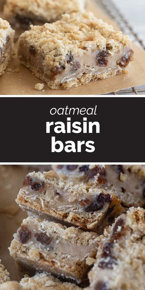 These Oatmeal Raisin Bars have a simple crumb crust and are filled with a creamy raisin mixture. If you love oatmeal raisin cookies, you’ll love these delicious bars! Raisin Filled Cookies, Oatmeal Raisin Bars, Raisin Bars, Crumb Crust, Raisin Cookie, Breakfast Recipes Sweet, Cookie Bar, Delicious Brownies, Filled Cookies