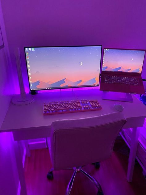 Game Setup, Gaming Desk Setup, Cozy Gaming, Neon Bedroom, Computer Gaming Room, Gamer Setup, Gamer Room Decor, Purple Set, Pc Gaming Setup