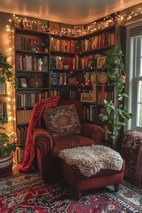 29 Boho Maximalist Living Room Ideas for a Lively Interior 24 Beautiful Reading Nooks, Boho Room Corner, Library Room Ideas Home Modern, Library Room Lighting, Cozy Living Rooms Bookshelves, Relax Corner Ideas Bedroom, Books Nook Ideas, Living Room Reading Nook Cozy Corner, Book Nook In Living Room