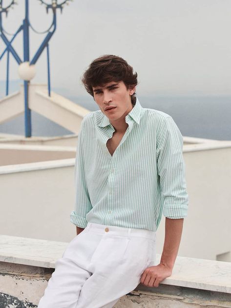 Striped Shirt Outfit Men, Light Blue Shirt Outfit, Blue Outfit Men, Blue Striped Shirt Outfit, Green Shirt Outfits, Green Pants Men, White Pants Men, Outfits With Striped Shirts, Striped Shirt Men