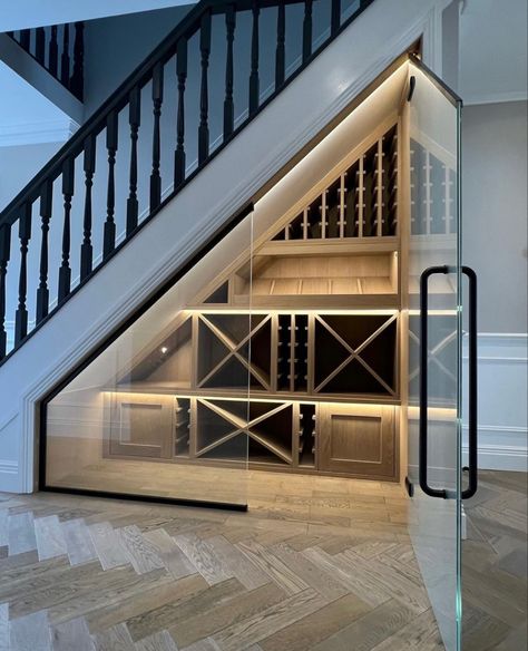 Wine Cellar Modern, Under Stairs Wine, Under Stairs Wine Cellar, Wine Cellar Basement, Glass Wine Cellar, Basement Ideas For Kids, Under Stair, Wine Closet, Home Bar Rooms