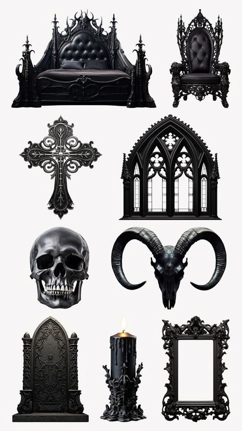 Gothic object element set remix | premium image by rawpixel.com / Aom W. Gothic Design Elements, Gothic Moodboard Aesthetic, Goth Mural, Cathedral Bedroom, Gothic Objects, Goth Graphic Design, Gothic Graphic Design, Gothic Silhouette, Levi Core