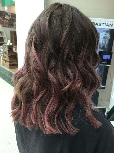 Pink balayage, using Olaplex and Muted tones to achieve this gorgeous dusky pink @pkaihair Subtle Pink In Hair, Dusty Pink Highlights Black Hair, Purple Peekaboo Balayage, Mauve Highlights On Dark Hair, Pink Bayalage Hair Brunette, Ashy Pink Hair Balayage, Subtle Pink Highlights Brunette, Dusky Pink Hair, Subtle Pink Hair Brunette