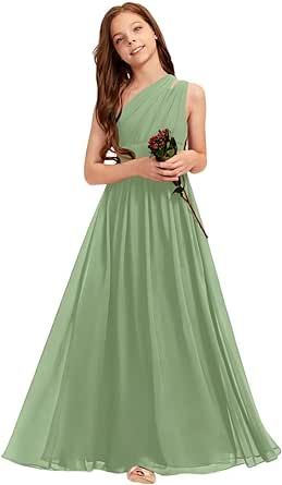 Kismissal A-line One Shoulder Floor-Length Chiffon Junior Bridesmaid Dress for Wedding Teen Girls Party Gowns Teen Flower Girl Dresses, Teen Bridesmaid Dresses, Jr Bridesmaid Dresses, Teenage Bridesmaid Dresses, Teen Girl Parties, Green Flower Girl Dresses, Girls Bridesmaid Dresses, Sage Bridesmaid Dresses, Summer Bridesmaid Dresses