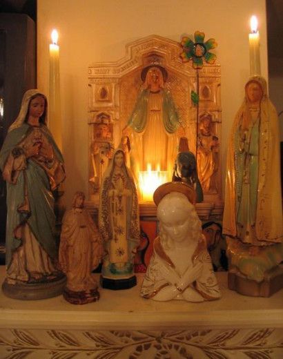 My Mary shrine Just Keep Breathing, Mary Shrine, Virgin Mary Shrine, Nativity Stable, Keep Breathing, Church Aesthetic, Sacred Spaces, Home Altar, Church Architecture