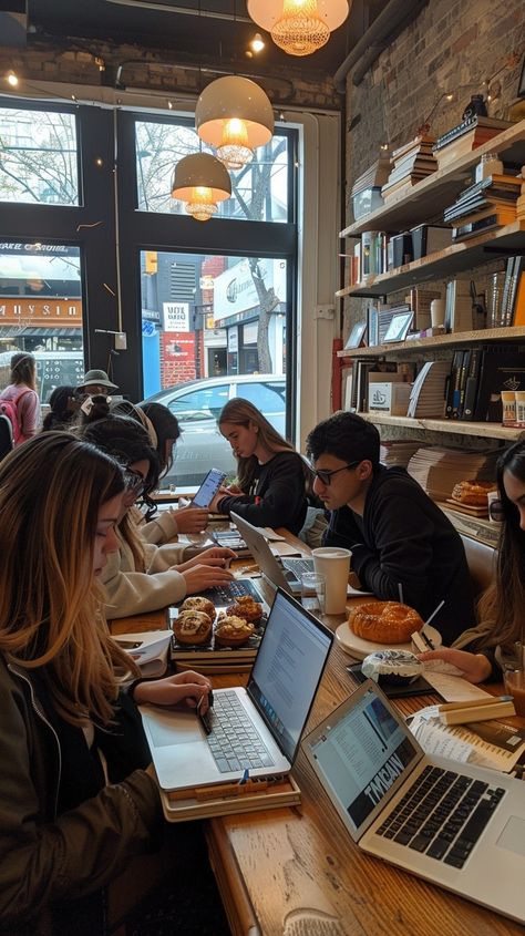 "Busy #Cafe: #Patrons engrossed in their #Laptops, enjoying #Coffee and #Pastries at a cozy, bustling #Urban coffee shop. #Aesthetic #CozyVibes #StockPhotography ⬇️ Download and 📝 #Prompt 👉 https://stockcake.com/i/busy-coffee-shop_772602_979631". Writing In Coffee Shop, Coffee Shop Working Aesthetic, College Coffee Shop Aesthetic, Coffee Shop Autumn, Study Cafe Design, Fall Coffee Shop Aesthetic, Work At Coffee Shop, Shopping Astetic, Coffee Shop Selfie