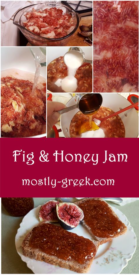 In the right climate, figs produce an obscene amount of fruit.  So much that you let the birds have a little, too.  Thankfully they freeze and dry well, but better yet, they make an amazing jam.  Greeks love figs, and when they're made into jam with golden honey, what's not to love?!  #mostlygreek #greekfood #greekcooking #fig #figs #jam #jelly #preserves #jamrecipe #jellyrecipe #canning #figjam Fig Honey Jam, Figs Breakfast, Homemade Fig Jam, Molecular Gastronomy Recipes, Honey Jam, Butter Pickles, Fig Recipes, Greek Cooking, Fine Dining Recipes