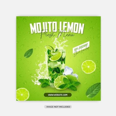 Mojito lemon menu social media square ba... | Premium Psd #Freepik #psd #sale Mojito Menu Design, Mojito Poster Design, Macaron Branding, Lemon Poster, Juice Design, Mojito Drink, Summer Juice, Drinks Summer, Drink Poster